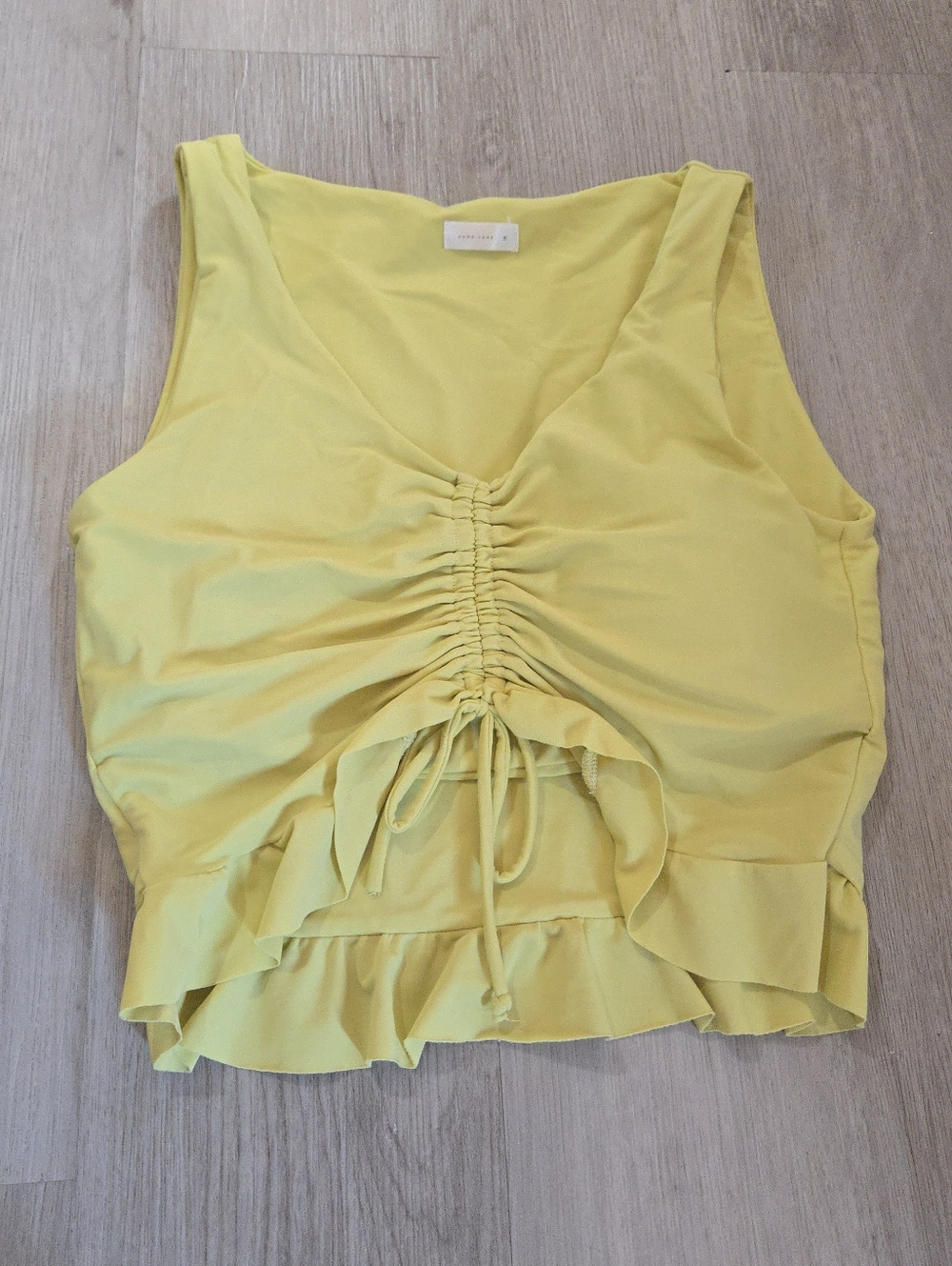 June Loop Neon Yellow Ruched V-Neck Ruffle Swim Tankini Top, SIZE M